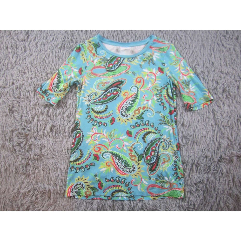 Madeleine Shirt Womens Medium‎ Blue Paisley Scoop Neck Short Sleeve Stretch